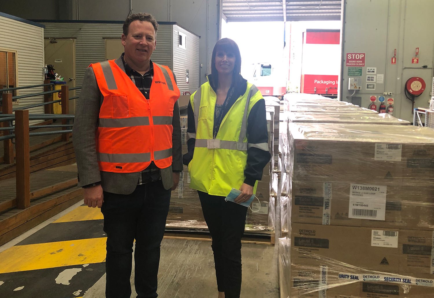 Image of Detmold Group's Tom Lunn at the delivery of masks for SA Health