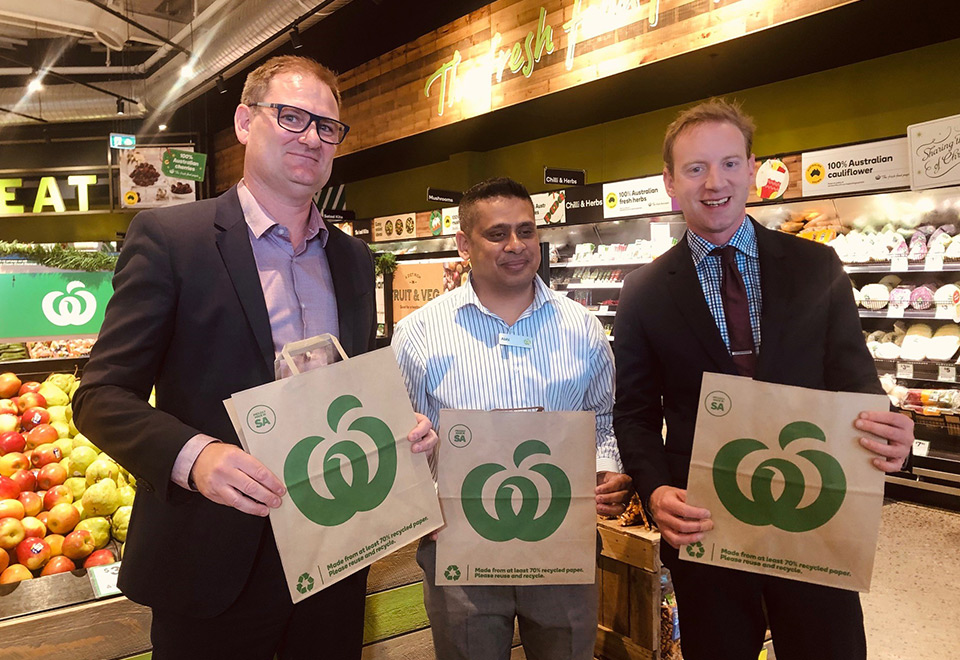 Detmold Group CEO Alf Ianniello with Woolworths Operations Manager Abhi Dhawarker and SA Minister for Environment and Water the Hon David Speirs